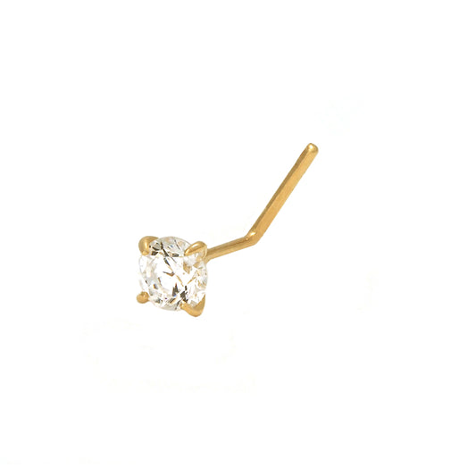 14K Yellow Gold 3MM White CZ L-Bar Nose Ring
