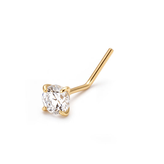 14K Yellow Gold 3MM White CZ L-Bar Nose Ring