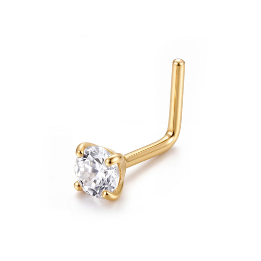 14K Yellow Gold 1.5MM White CZ L-Bar Nose Ring