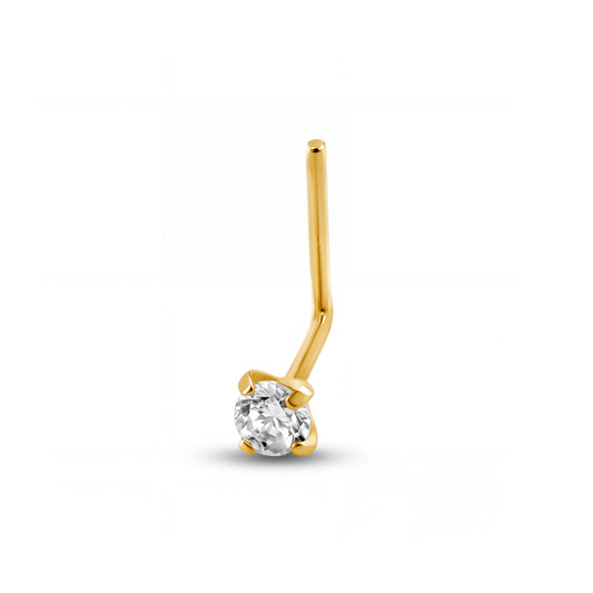 14K Yellow Gold 2MM White CZ L-Bar Nose Ring