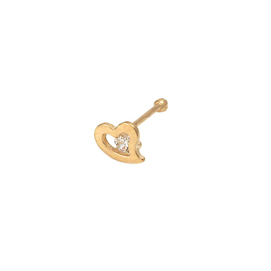 14K Yellow Gold Unique White CZ Heart Nose Stud