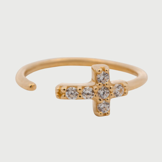 14K Yellow Gold White CZ Cross Nose Ring Hoop