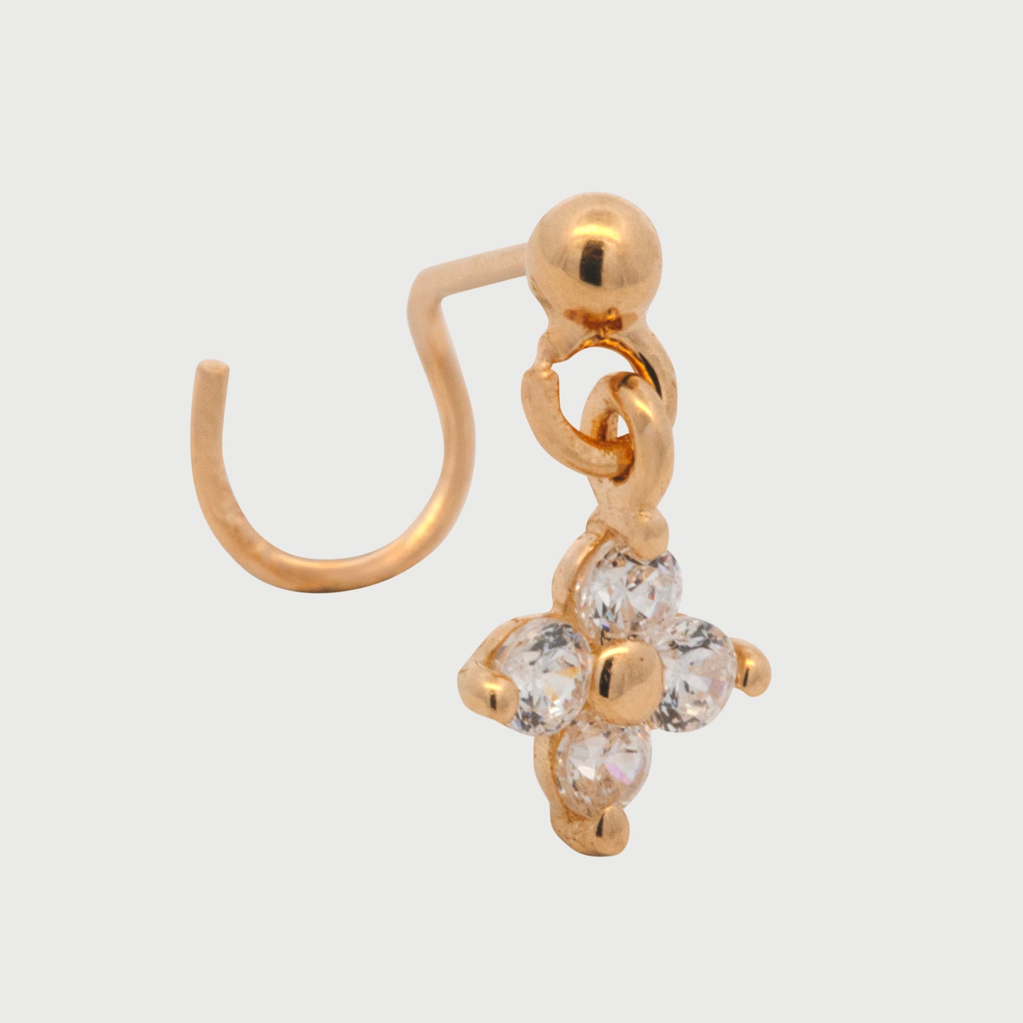 14K Yellow Gold Dangle Flower White CZ Nose Curved Ring