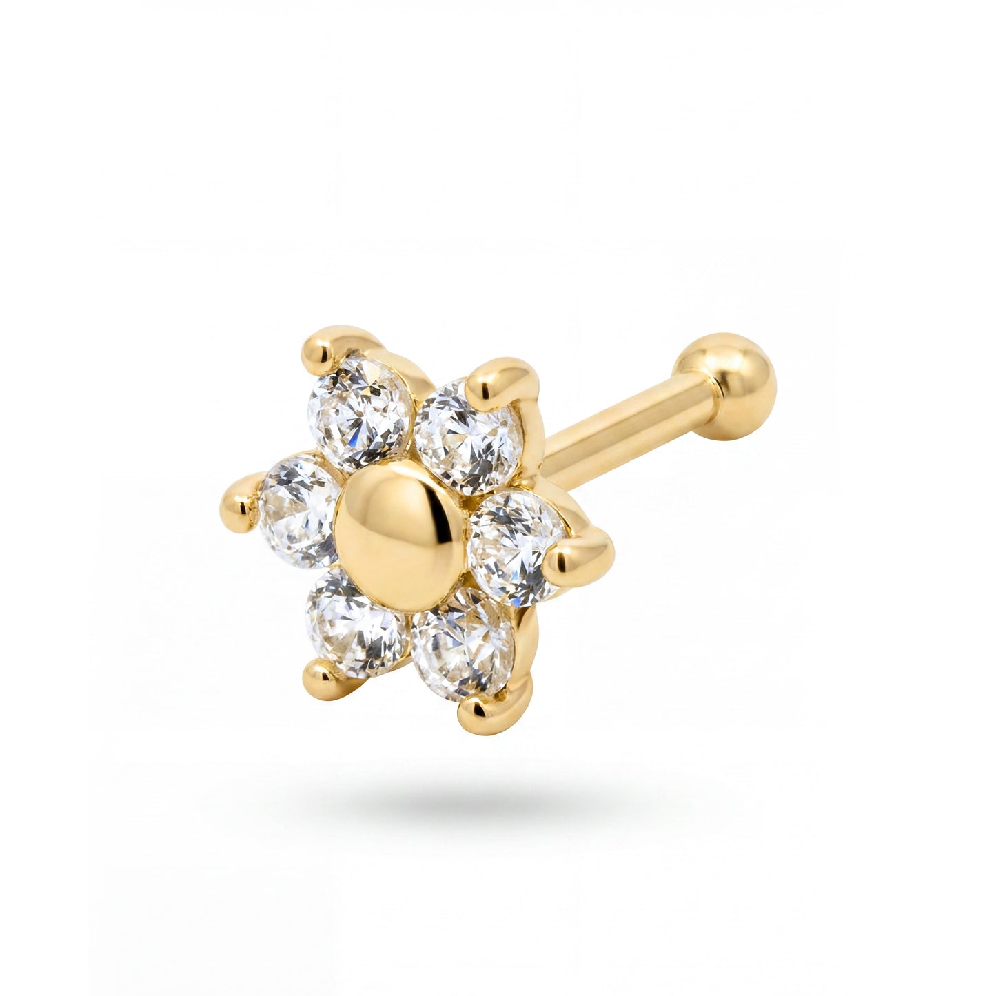 14K Yellow Gold Six-Petal White CZ Flower Nose Ring