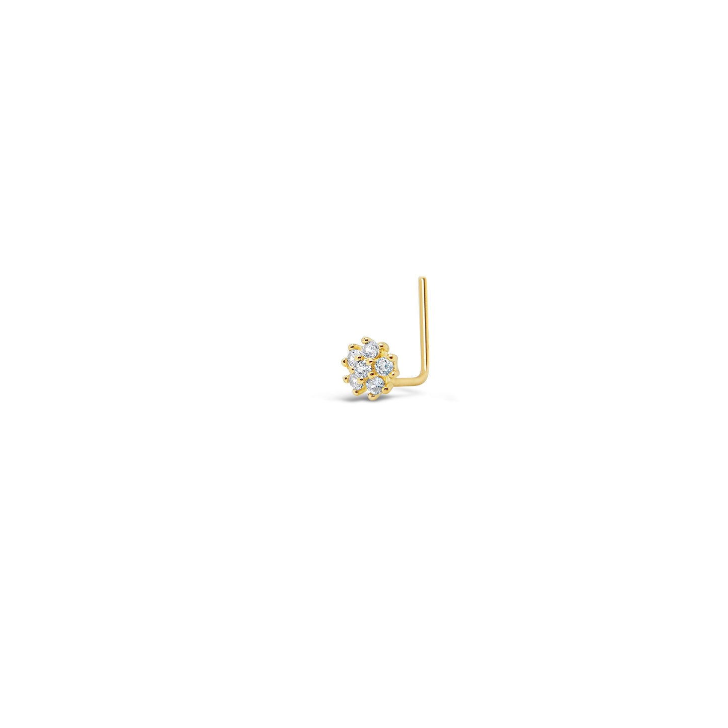 14K Yellow Gold CZ Flower Cluster L-Bar Nose Ring
