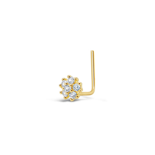 14K Yellow Gold CZ Flower Cluster L-Bar Nose Ring