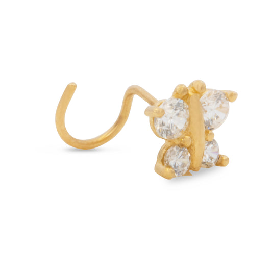 14K Yellow Gold Butterfly CZ Cluster Screw Nose Ring