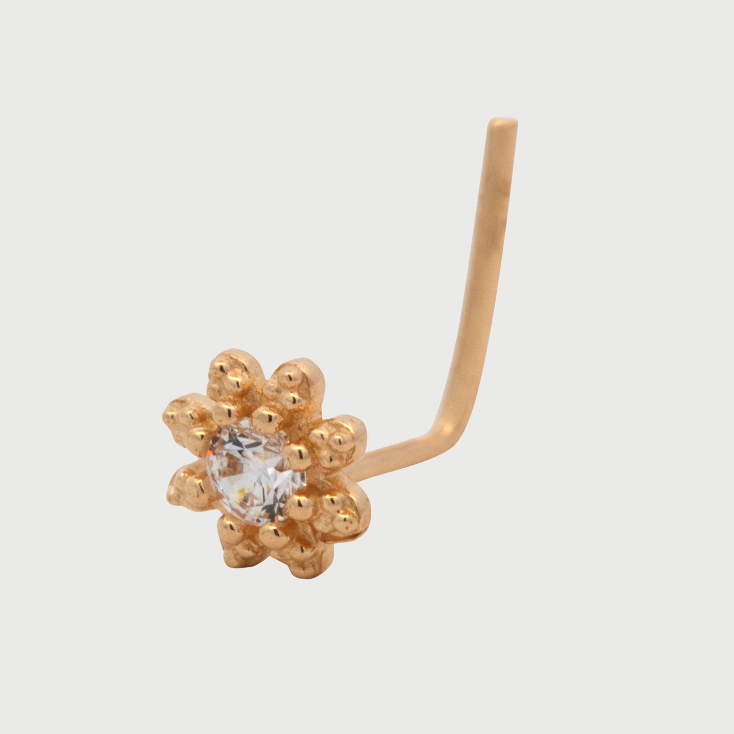 14K Yellow Gold Detailed Flower CZ Center L-Bar Nose Ring