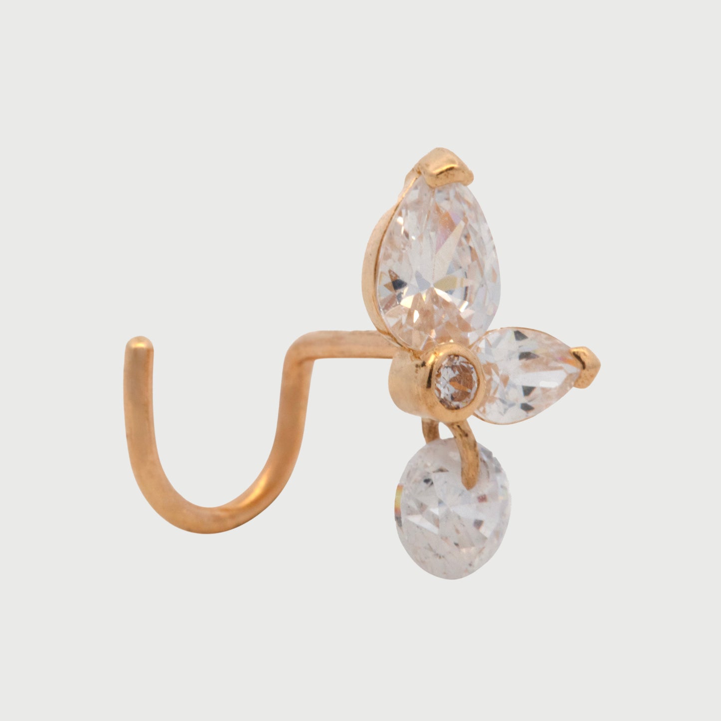 14K Yellow Gold Unique Dangle White CZ Nose Curved Ring