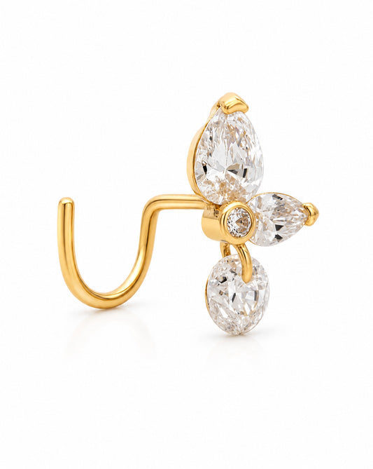 14K Yellow Gold Unique Dangle White CZ Nose Curved Ring
