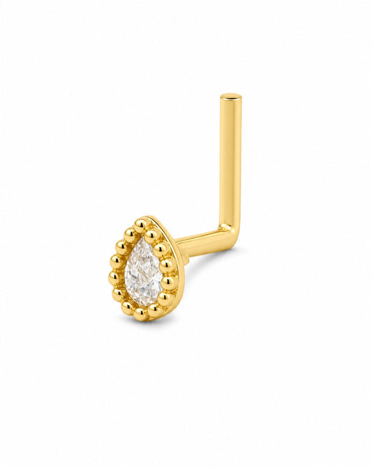 14K Yellow Gold White CZ Teardrop L-Bar Nose Ring