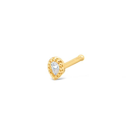 14K Yellow Gold Teardrop White CZ Detailed Halo Nose Ring