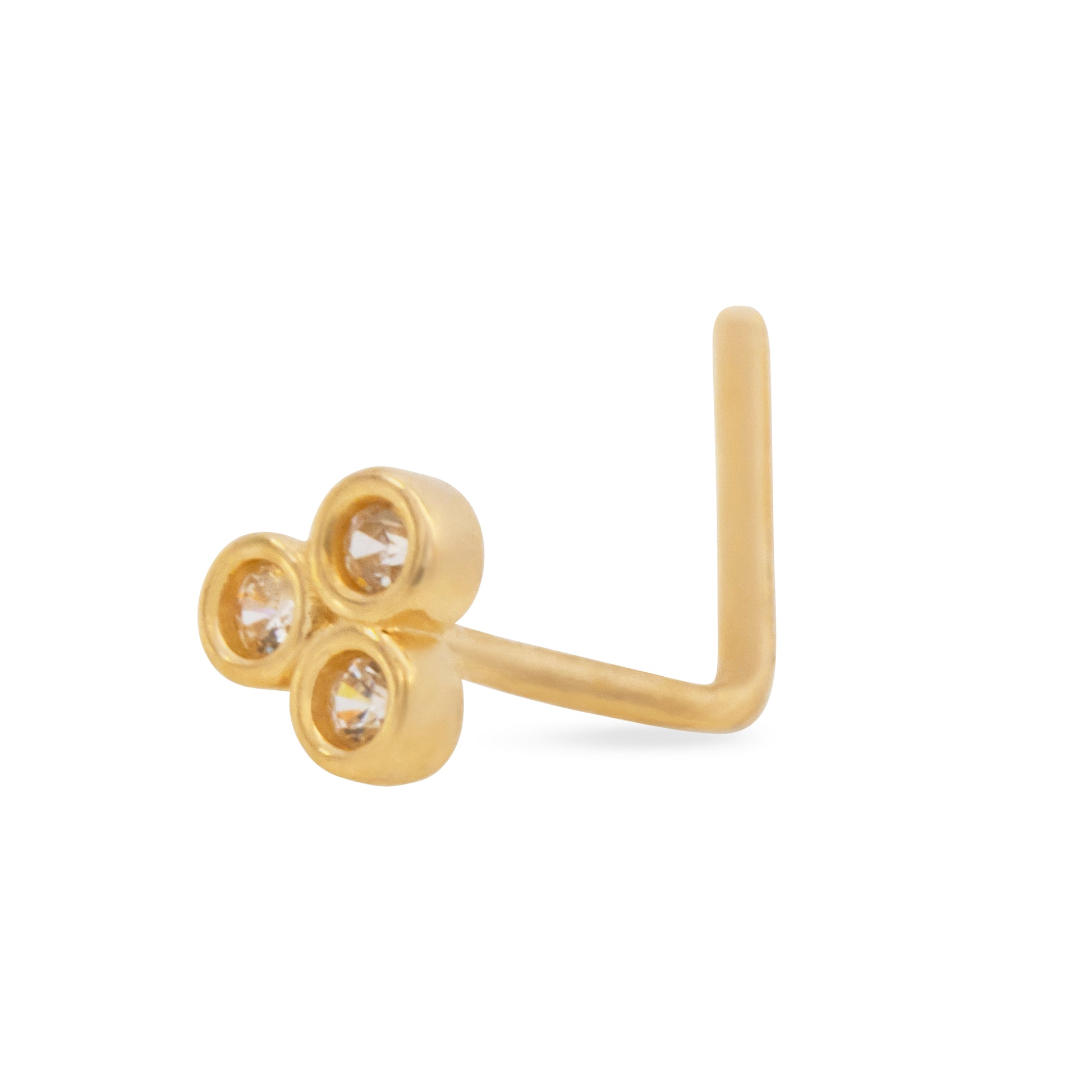 14K Yellow Gold  White CZ Triple Dot L-Bar Nose Ring