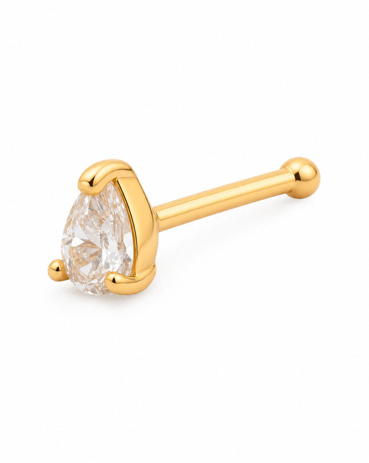 14K Yellow Gold Teardrop Prong White CZ Nose Ring