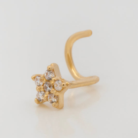 14K Yellow Gold Beaded Solitaire White CZ Nose Screw Ring