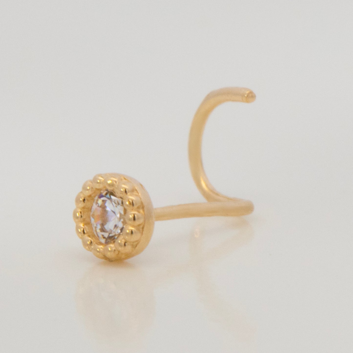 14K Yellow Gold Beaded Solitaire White CZ Nose Curved Ring