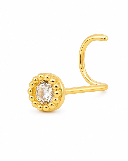 14K Yellow Gold Beaded Solitaire White CZ Nose Curved Ring