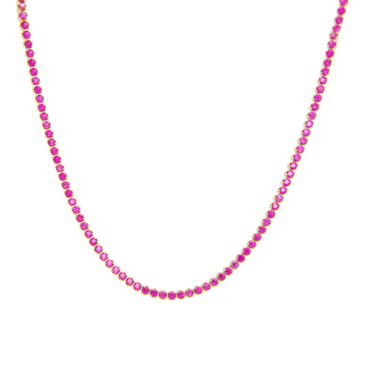 14K Yellow Gold Hot Pink CZ Tennis Necklace