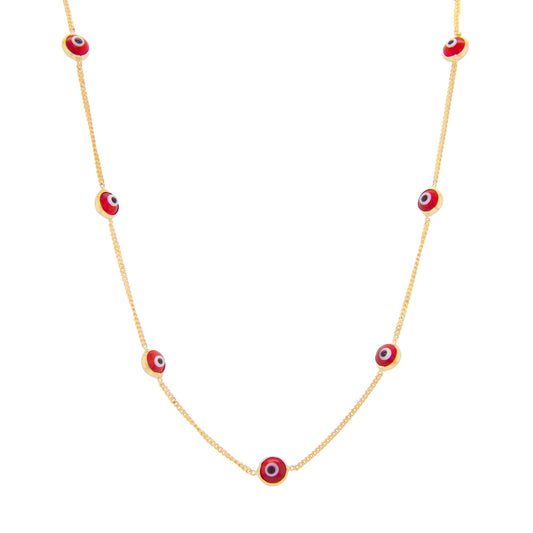 14K Yellow Gold Red Evil Eye Station Necklace