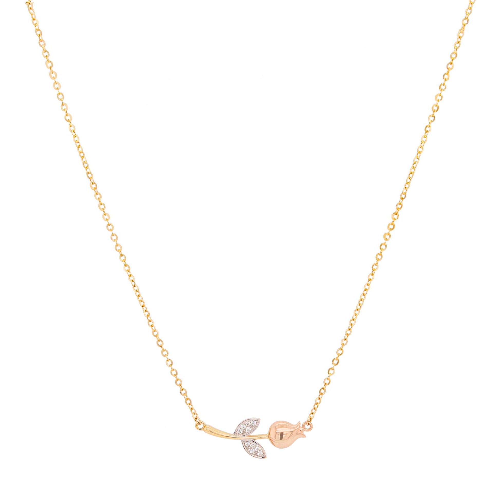 14K Tri-Color Gold Rose with CZ Accents Necklace