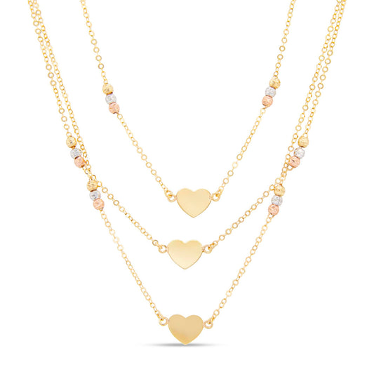 14K Tri-Color Gold Layered Heart & Bead Necklace