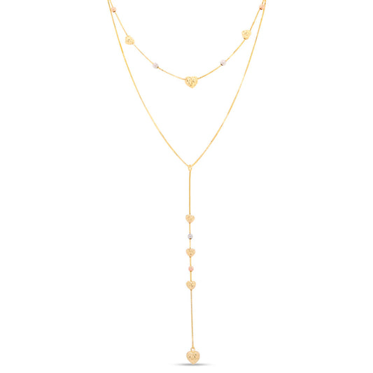 14K Tri-Color Gold Layered Diamond Cut Hearts Lariat Necklace