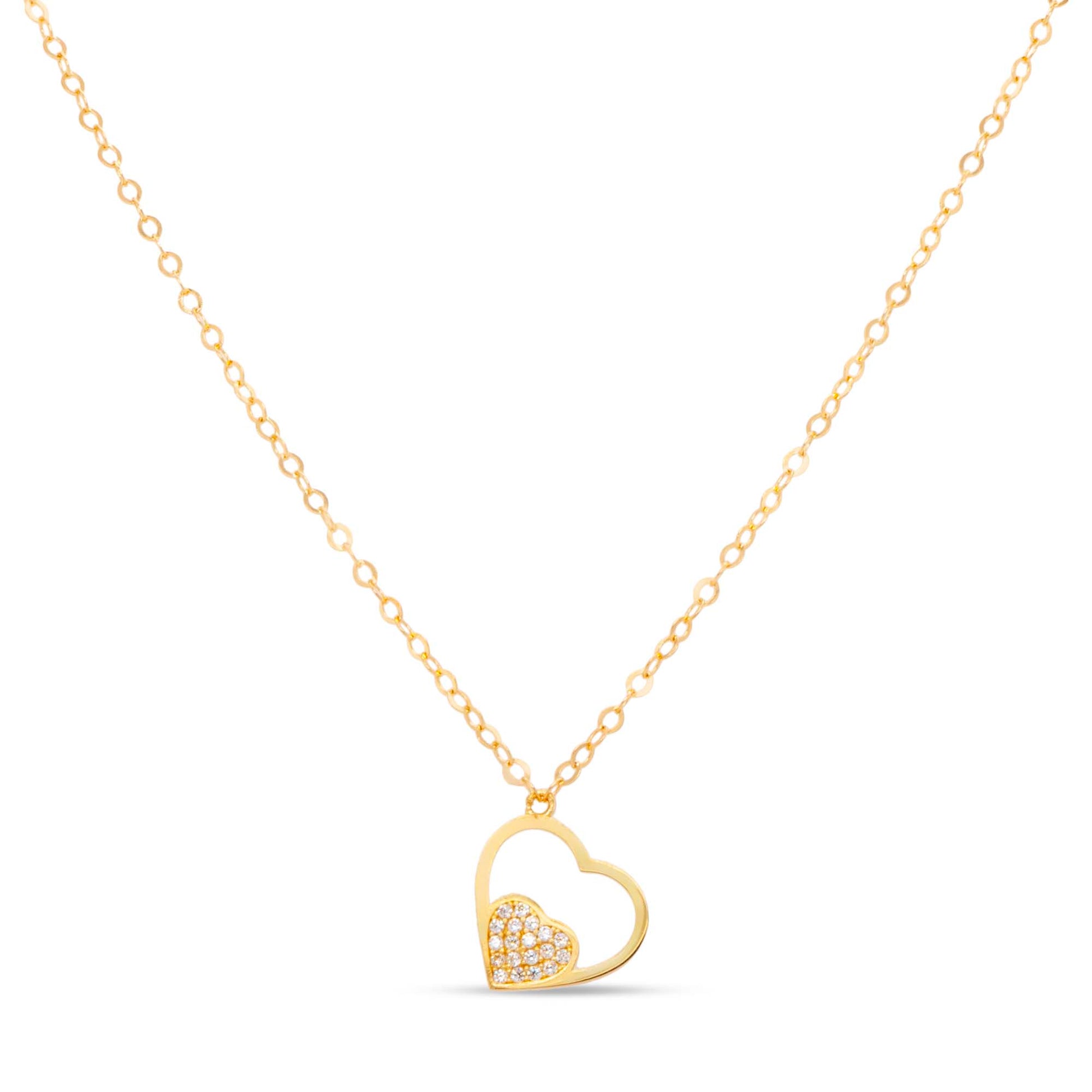 14K Yellow Gold Double Open Heart CZ Necklace