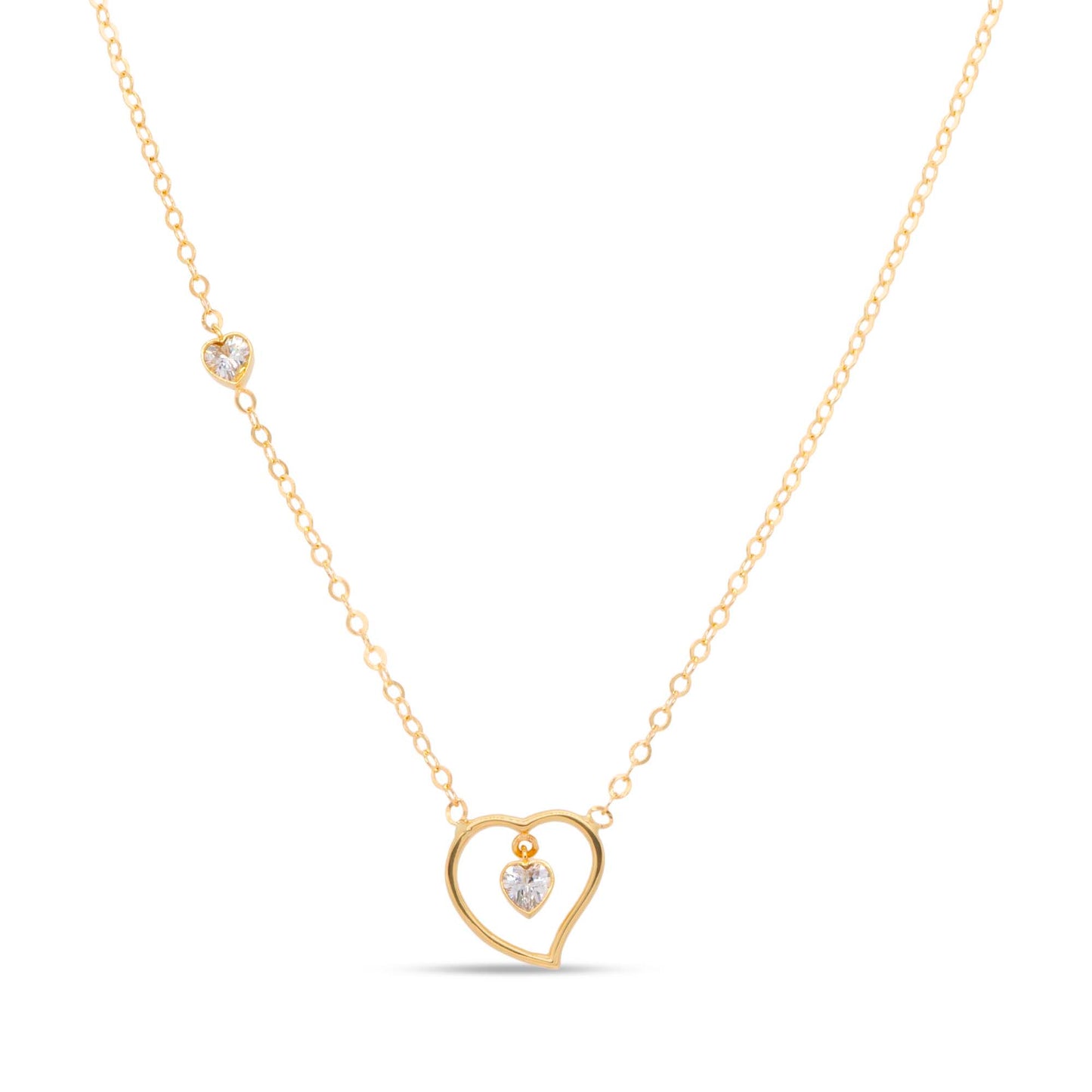 14K Yellow Gold Open Heart Two Stone CZ Necklace