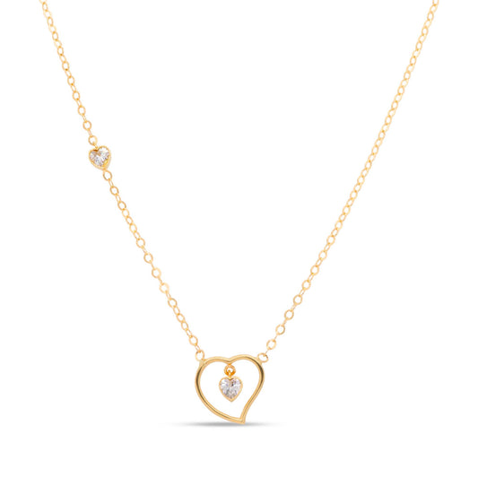 14K Yellow Gold Open Heart Two Stone CZ Necklace