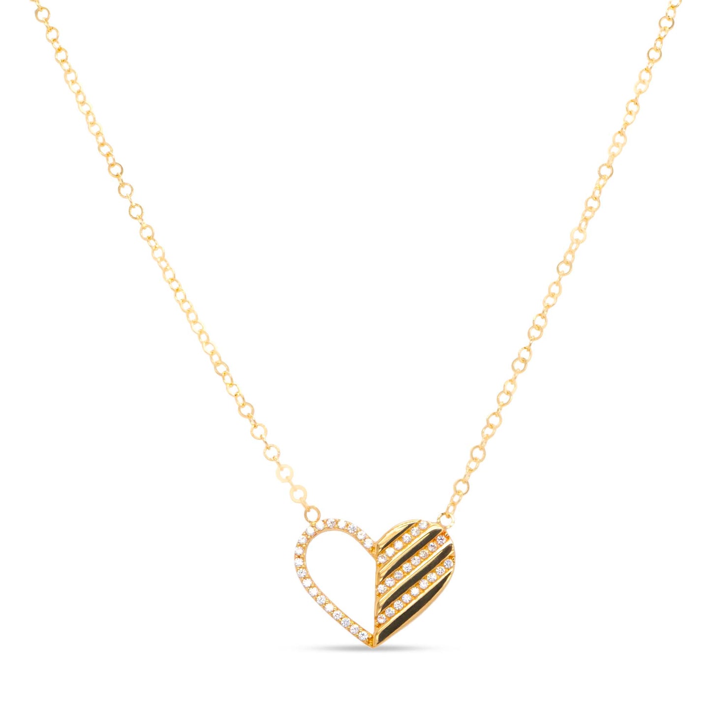 14k Yellow Gold Split Open Heart CZ Necklace