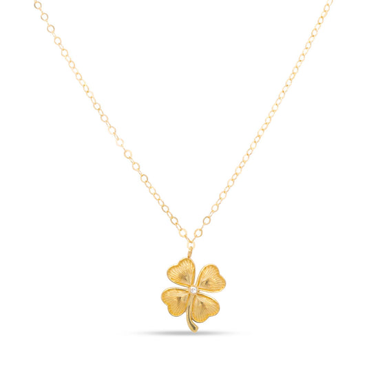 14K Yellow Gold Textured Clover CZ Center Necklace