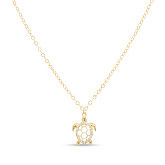 14K Yellow Gold Open Turtle with CZ Accents Necklace