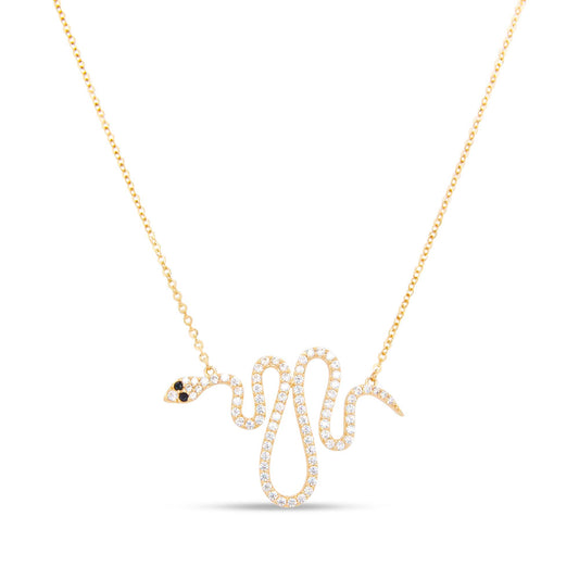 14K Yellow Gold Pave Snake Black Eye CZ Necklace