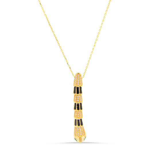 14K Yellow Gold Half Snake with CZ and Black Enamel Accents Necklace