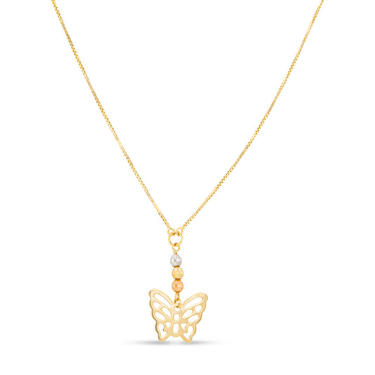 14K Tri-Color Gold Openwork Butterfly Dangling Necklace