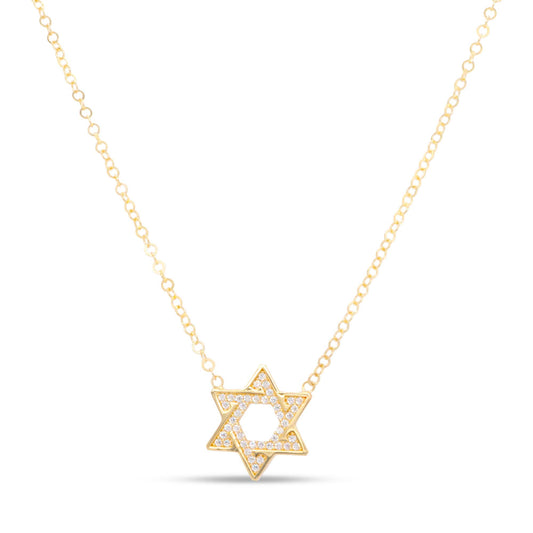 14K Yellow Gold Jewish Star CZ Necklace