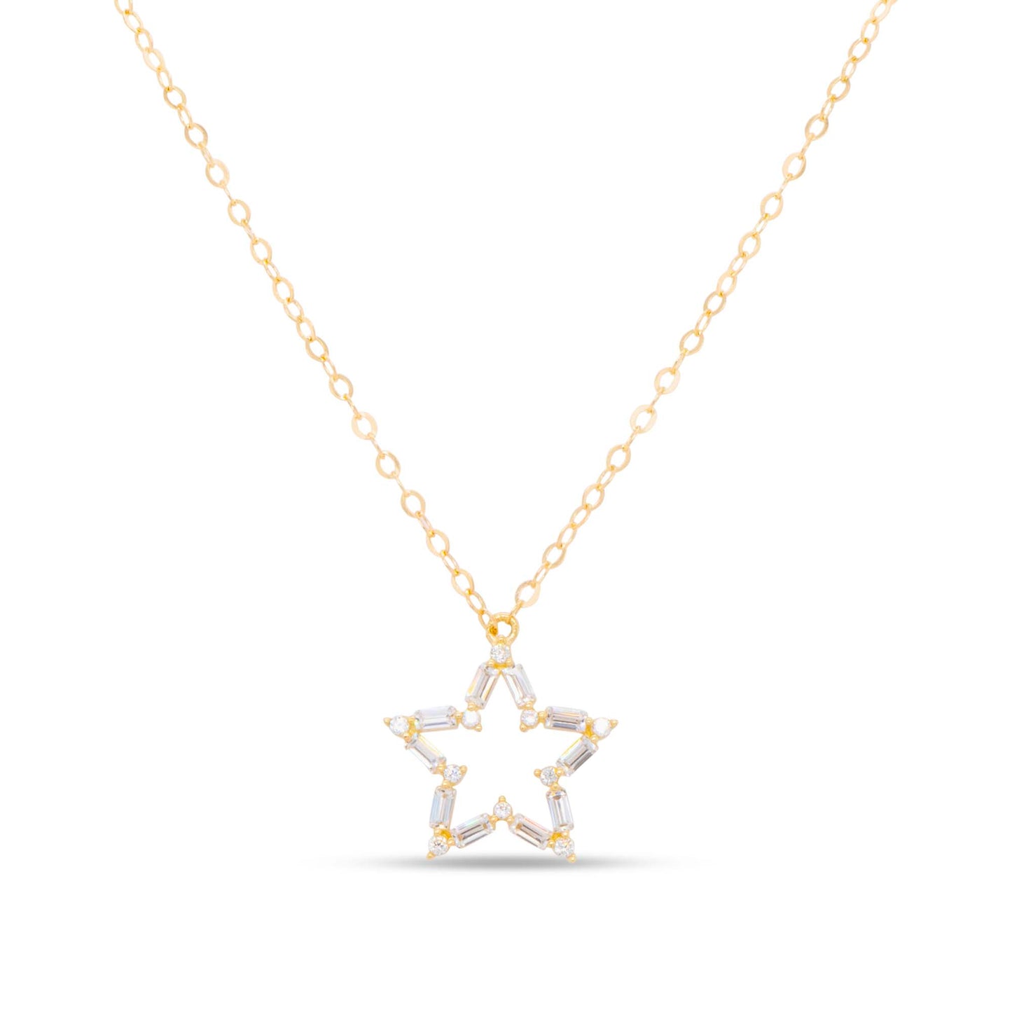 14K Yellow Gold Open Star Baguette CZ Necklace