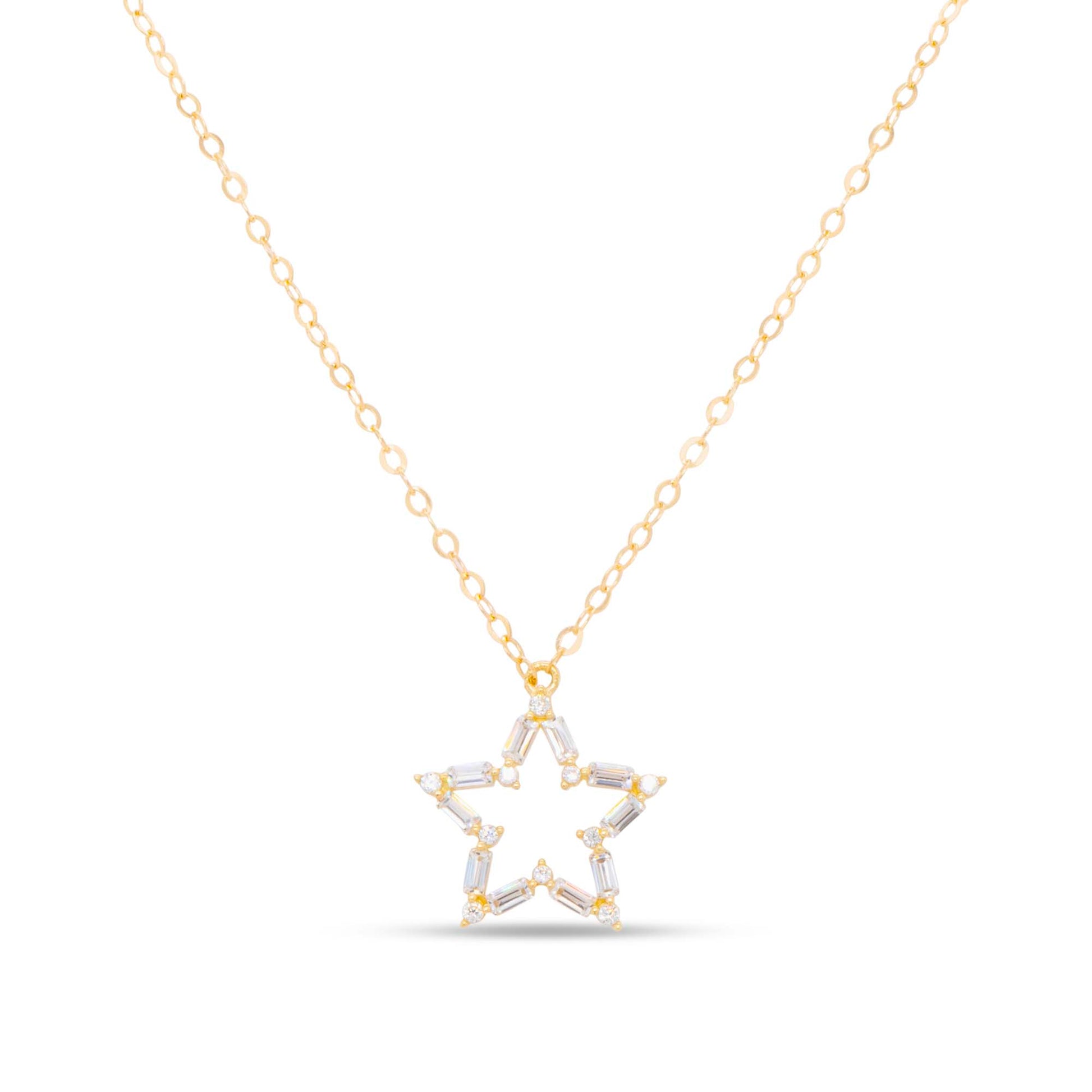 14K Yellow Gold Open Star Baguette CZ Necklace
