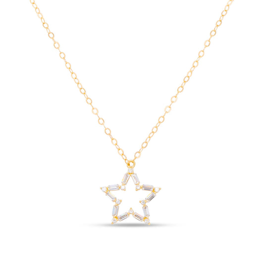 14K Yellow Gold Open Star Baguette CZ Necklace