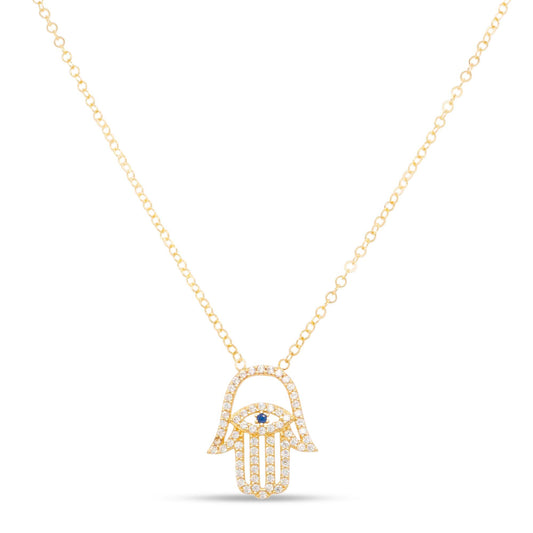 14K Yellow Gold Hamsa Hand Evil Eye Pave CZ Necklace