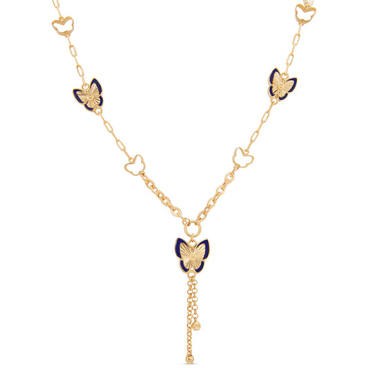 14K Yellow Gold Multi Butterfly Navy Blue Necklace