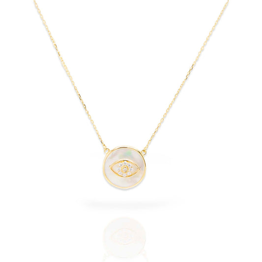 14K Yellow Gold Round Disc Mother of Pearl Evil Eye Necklace