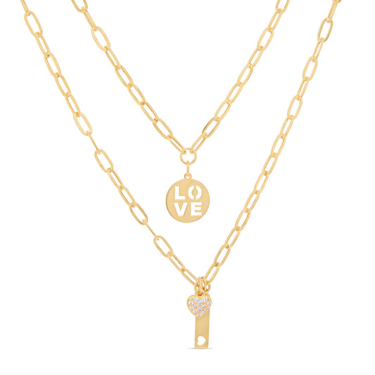 14K Yellow Gold Layered Paperclip "Love" & Heart with CZ Accents Necklace