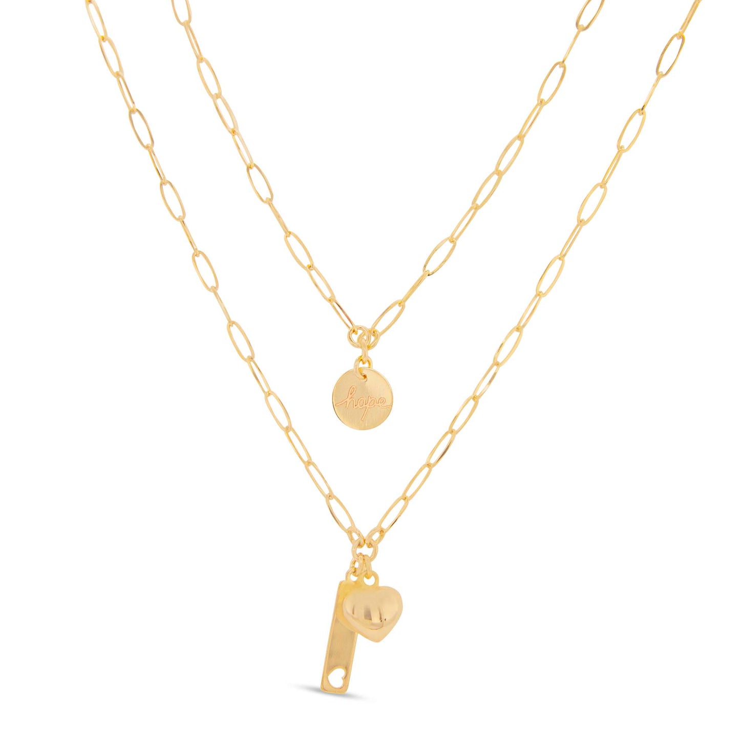 14K Yellow Gold Layered Paperclip "Hope" & Heart  Necklace
