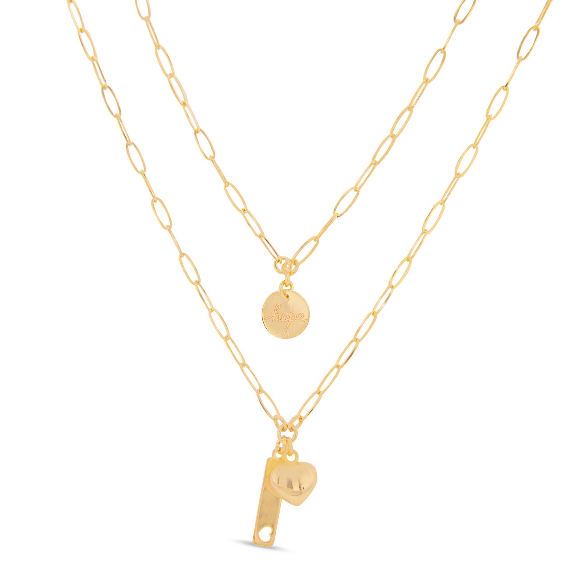 14K Yellow Gold Layered Paperclip "Hope" & Heart  Necklace