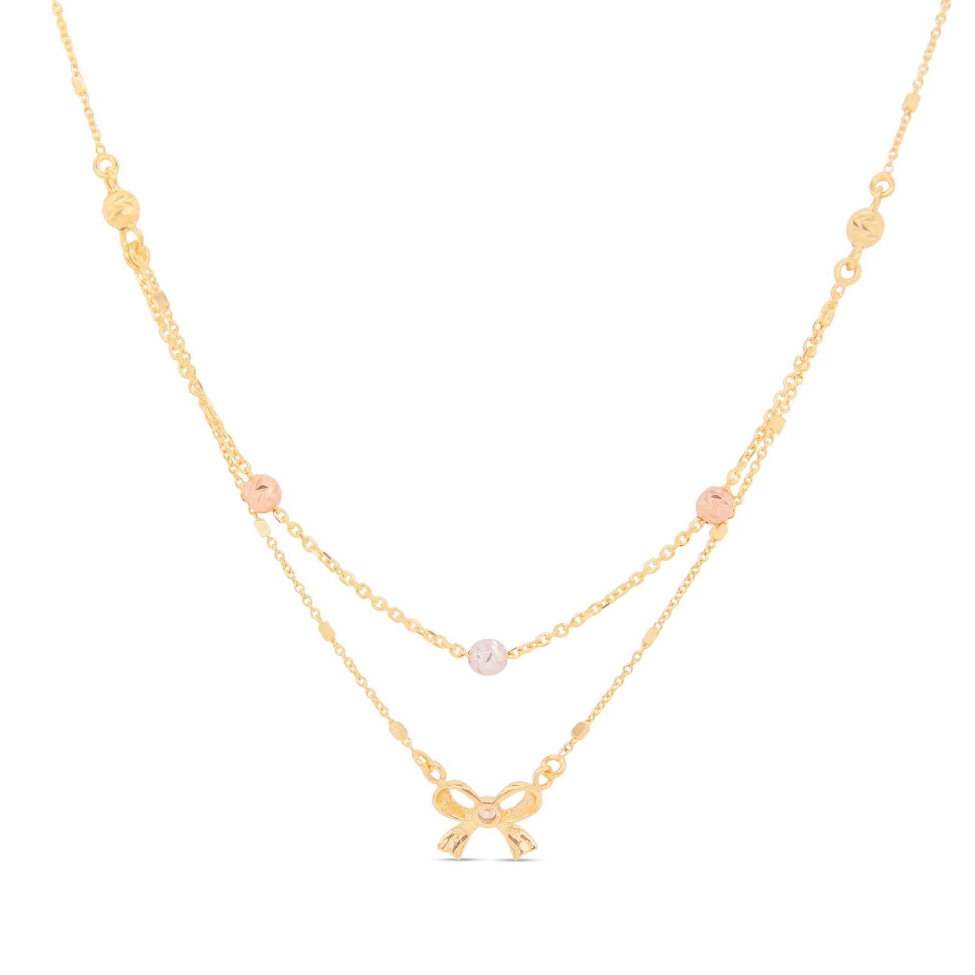 14K Tri-Color Gold Layered Bow & Bead with CZ Accent Necklace