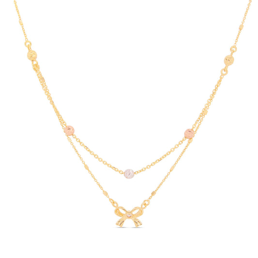 14K Tri-Color Gold Layered Bow & Bead with CZ Accent Necklace