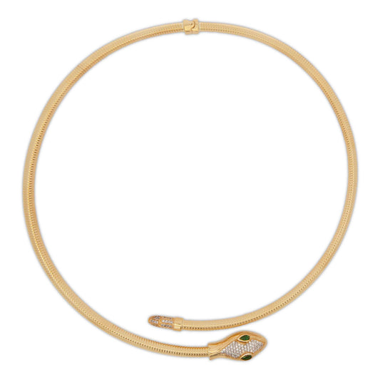 14K Yellow Gold Snake Head Omega with CZ Acccents Necklace