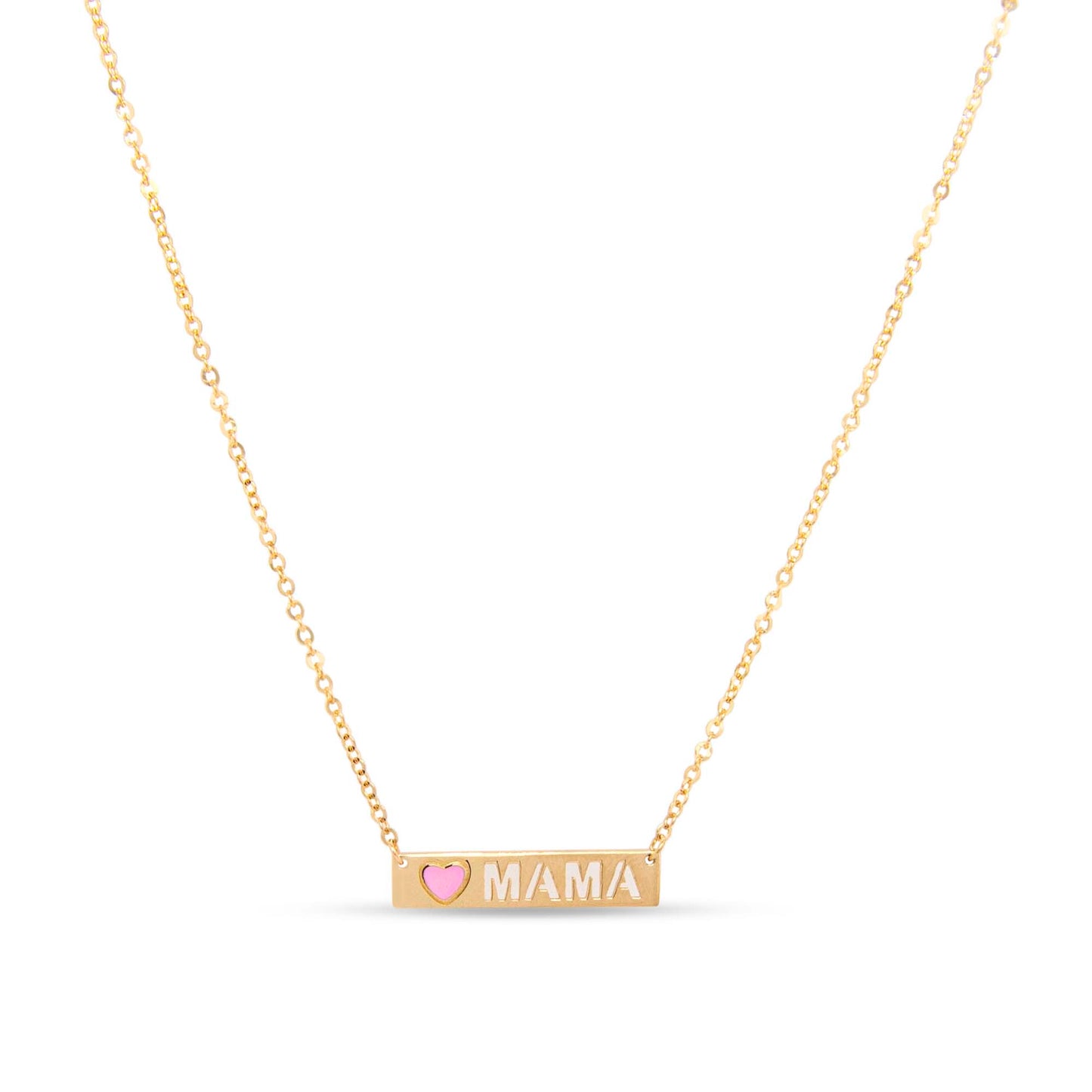 14K Yellow Gold "Mama" with Pink Enamel Heart Bar Necklace