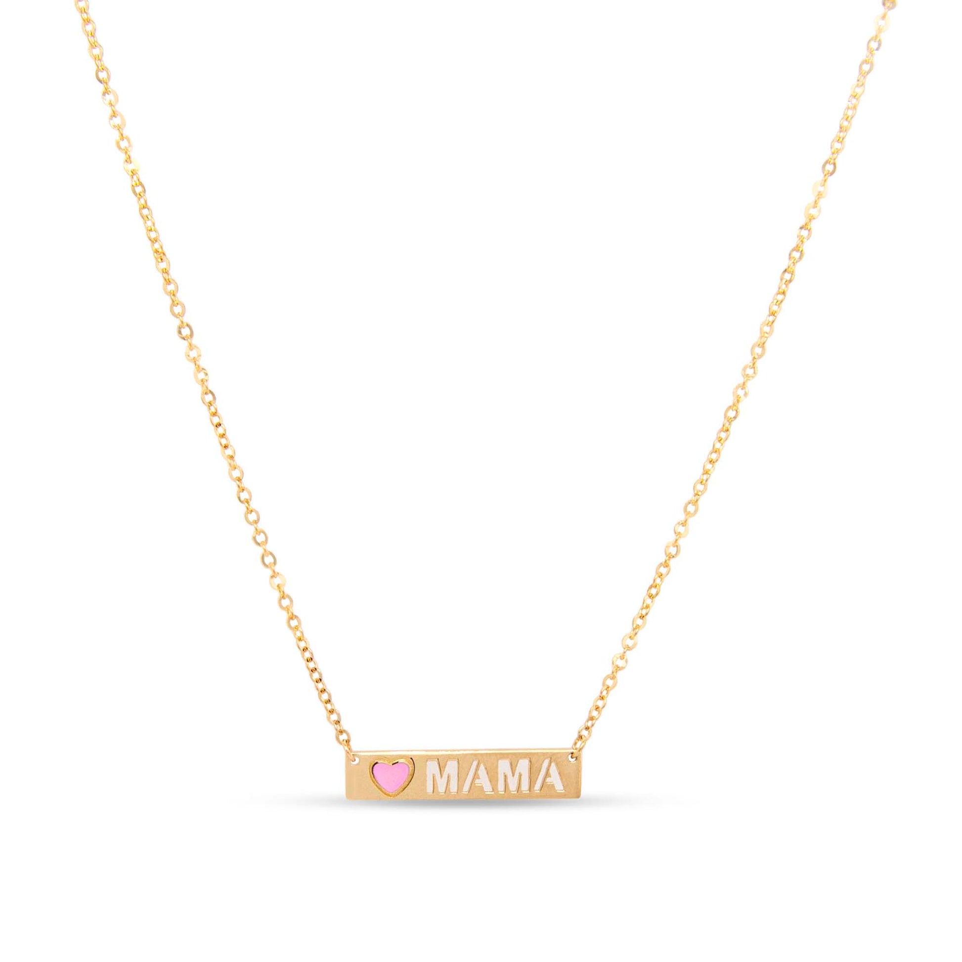 14K Yellow Gold "Mama" with Pink Enamel Heart Bar Necklace